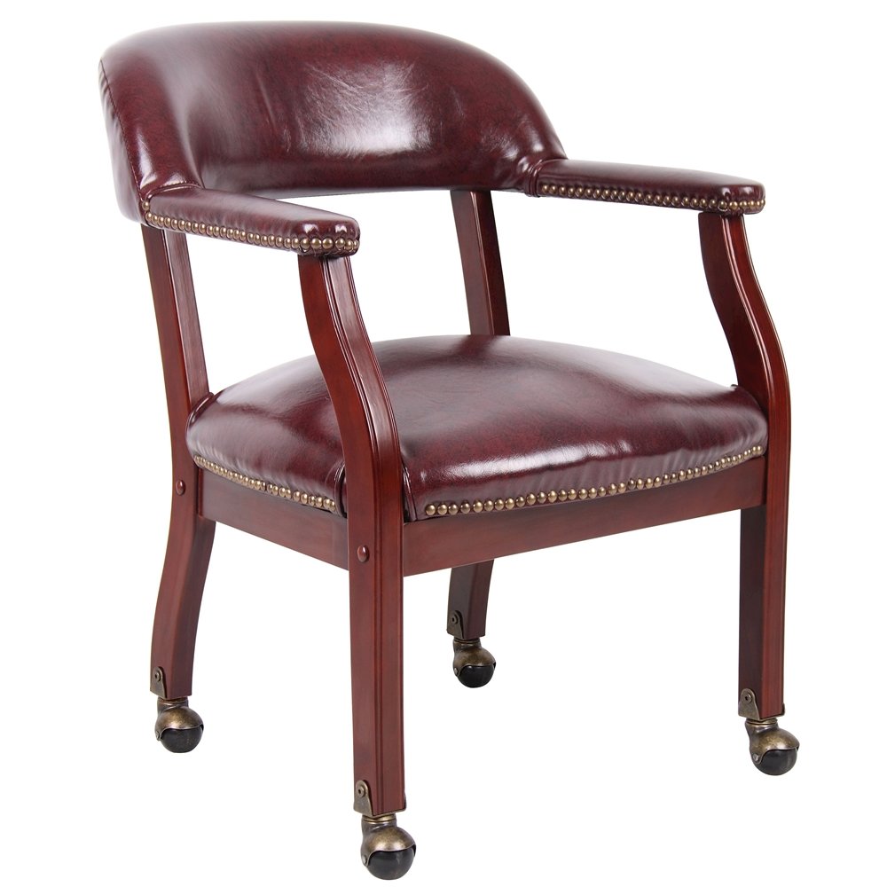 Burgundy Wooden Chair With Arms, Dining or Kitchen Chair With Casters