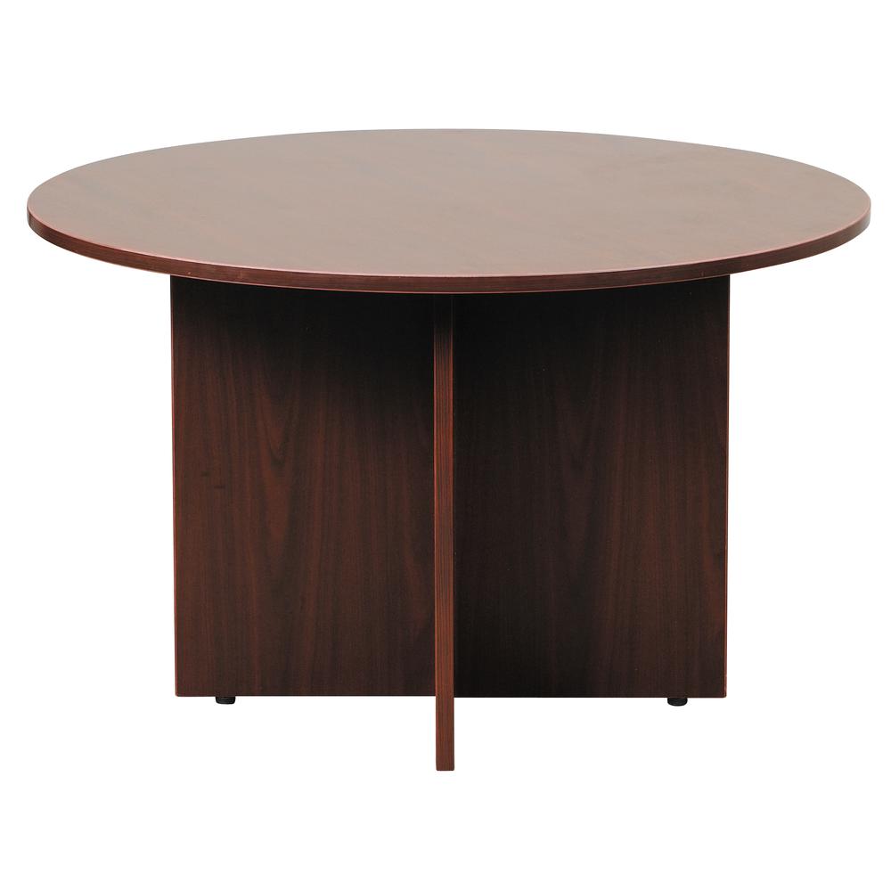 Boss 47" Round Table, Mahogany & 4 Boss Caressoft Mesh Guest Chair, Black