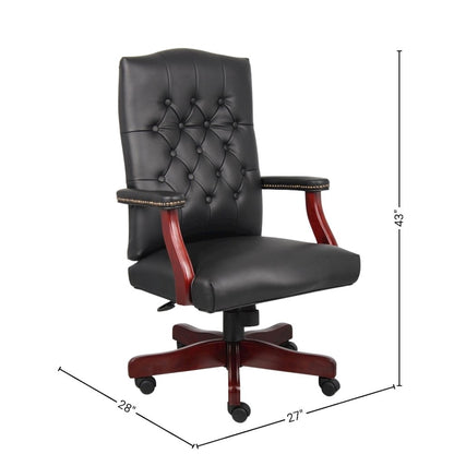 Tufted Executive Desk Chair in Black Faux Leather With Mahogany Base