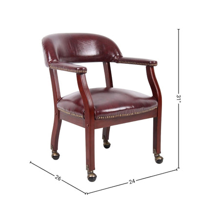 Burgundy Wooden Chair With Arms, Dining or Kitchen Chair With Casters