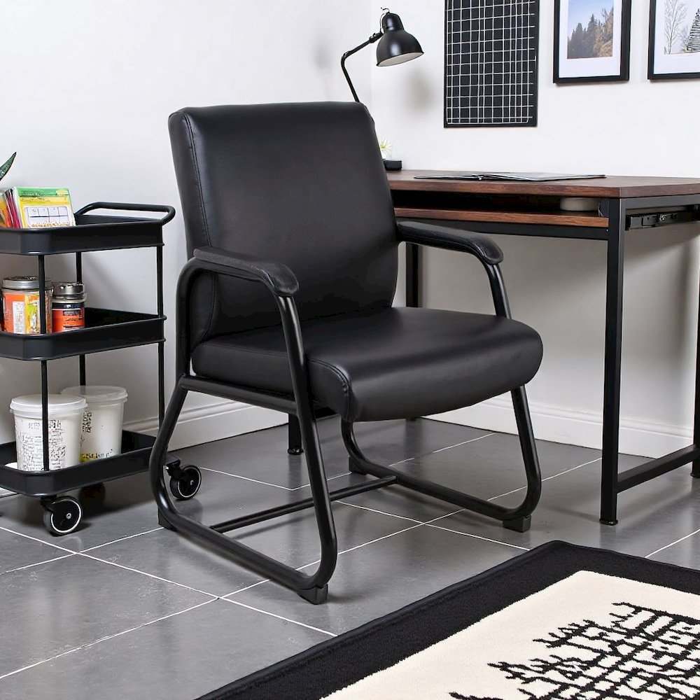 Black Guest Chair With Vinyl Seat, Office Chair No Wheels