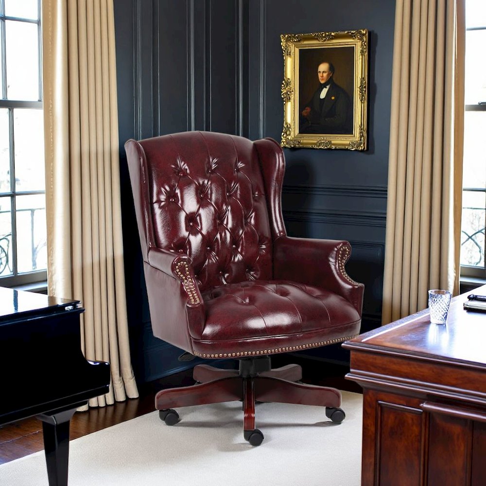 Burgundy Faux Leather Office Chair, Executive Chair With Wood Accents On Base