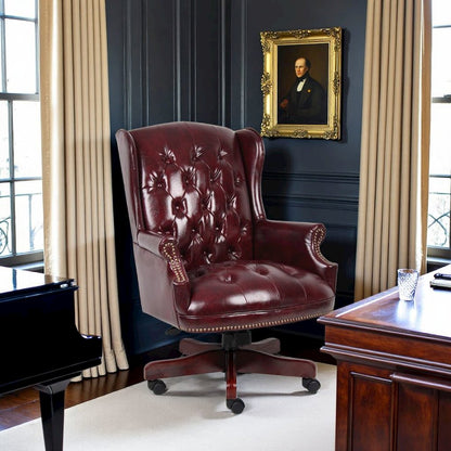 Burgundy Faux Leather Office Chair, Executive Chair With Wood Accents On Base