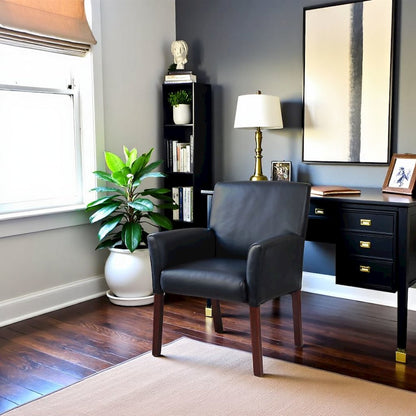 Black Reception Chair With Mahogany Base, Office Guest Or Client Seating