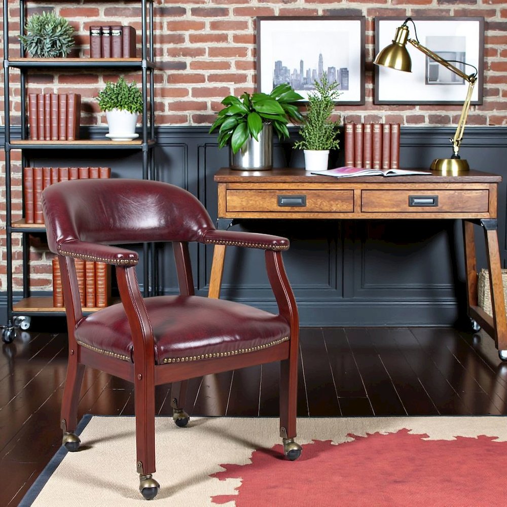 Burgundy Wooden Chair With Arms, Dining or Kitchen Chair With Casters