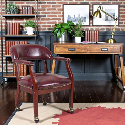 Burgundy Wooden Chair With Arms, Dining or Kitchen Chair With Casters
