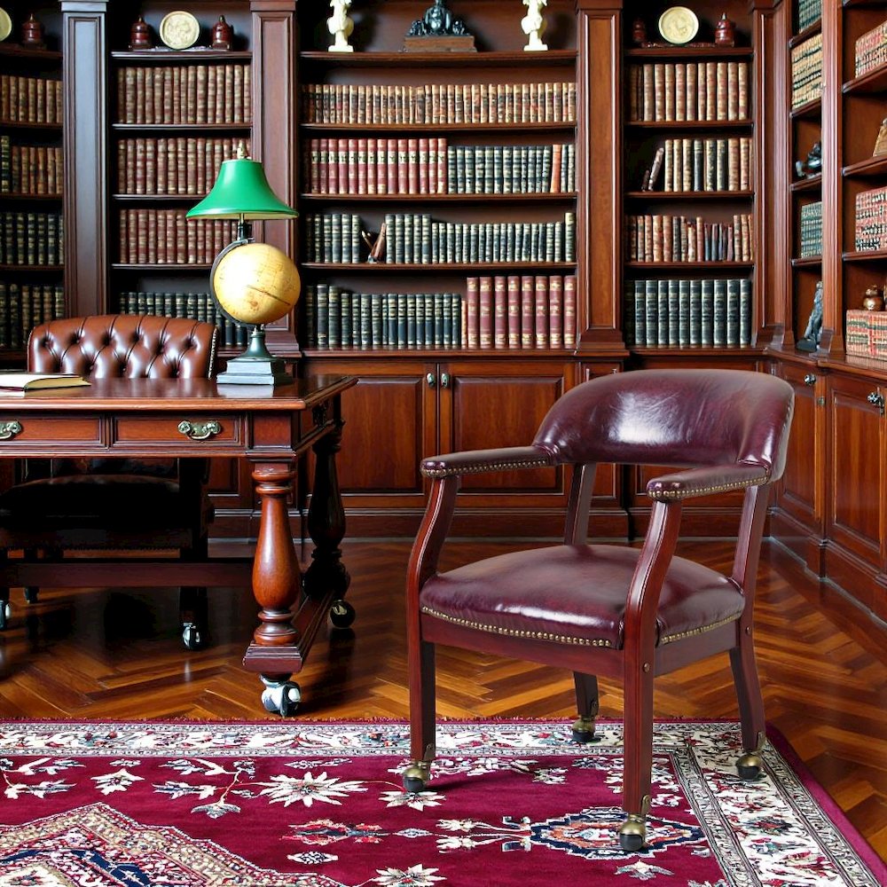 Burgundy Wooden Chair With Arms, Dining or Kitchen Chair With Casters