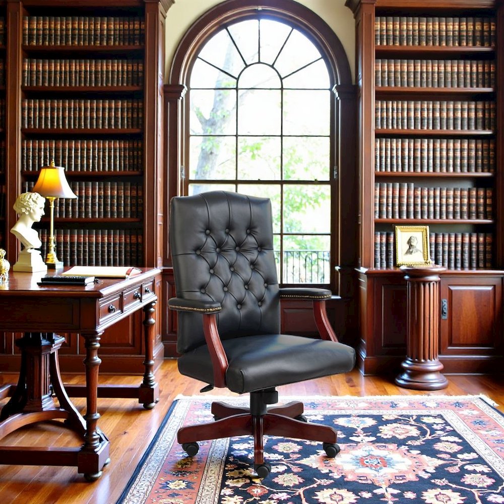 Tufted Executive Desk Chair in Black Faux Leather With Mahogany Base