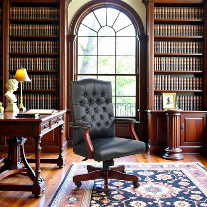 Tufted Executive Desk Chair in Black Faux Leather With Mahogany Base