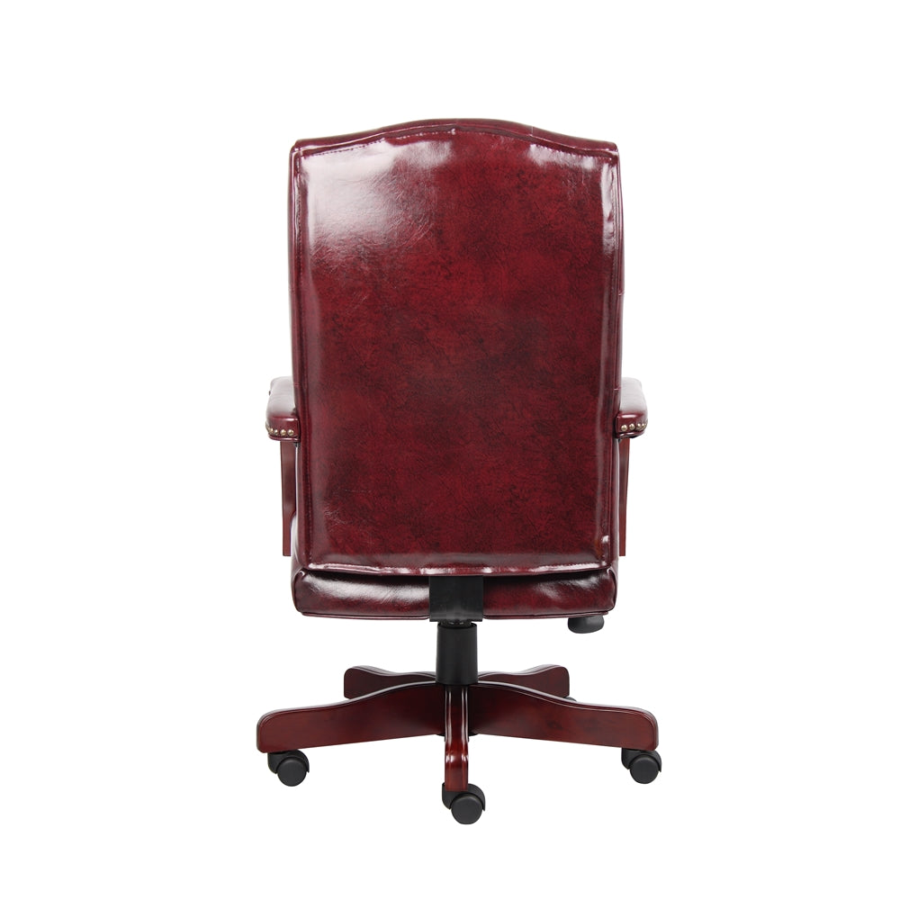 Tufted Executive Desk Chair in Burgundy Faux Leather With Mahogany Base