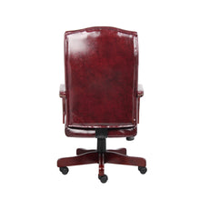 Tufted Executive Desk Chair in Burgundy Faux Leather With Mahogany Base