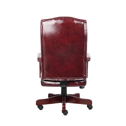 Tufted Executive Desk Chair in Burgundy Faux Leather With Mahogany Base