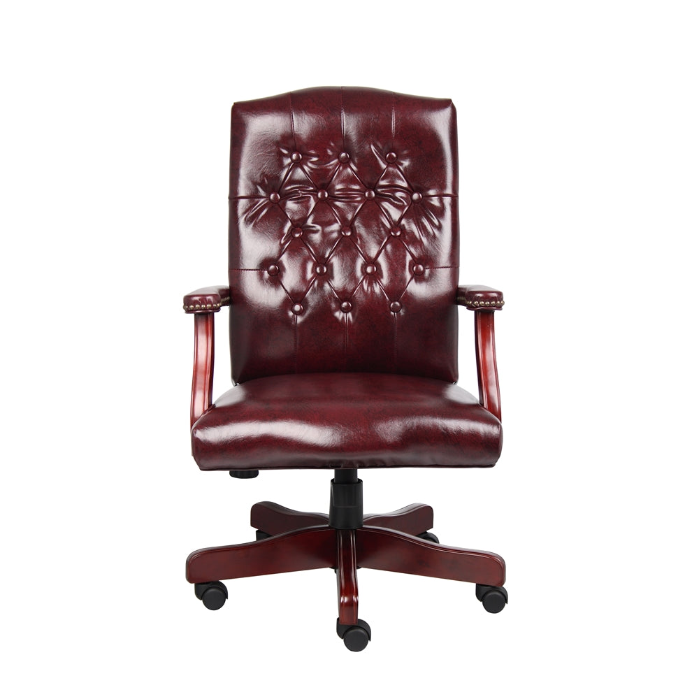 Tufted Executive Desk Chair in Burgundy Faux Leather With Mahogany Base