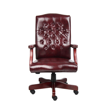 Tufted Executive Desk Chair in Burgundy Faux Leather With Mahogany Base