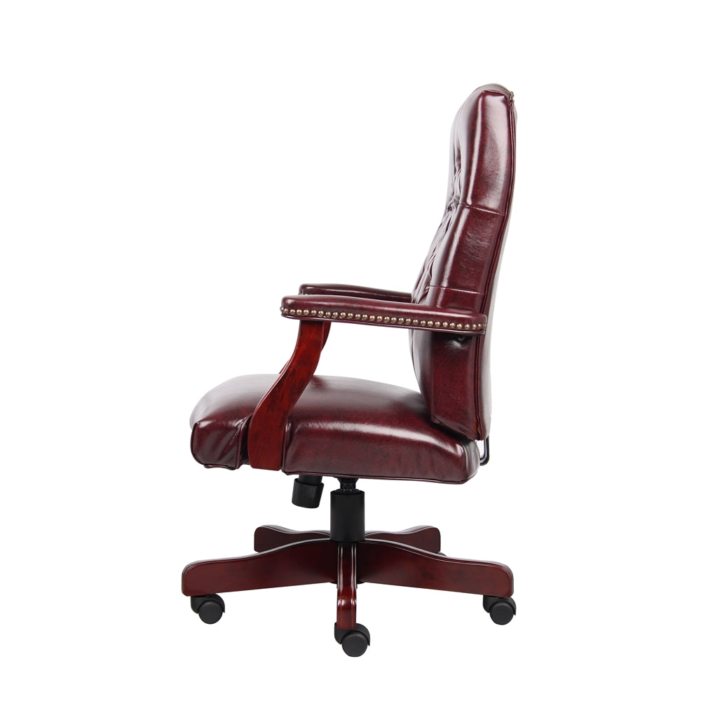 Tufted Executive Desk Chair in Burgundy Faux Leather With Mahogany Base