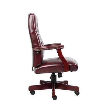 Tufted Executive Desk Chair in Burgundy Faux Leather With Mahogany Base