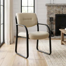 LeatherPlus Armless Side Chair with Sled Base, Desk Chair No Wheels, Beige