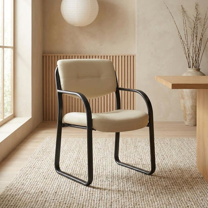 LeatherPlus Armless Side Chair with Sled Base, Desk Chair No Wheels, Beige