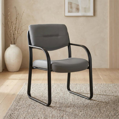 LeatherPlus Armless Side Chair with Sled Base, Desk Chair No Wheels, Grey