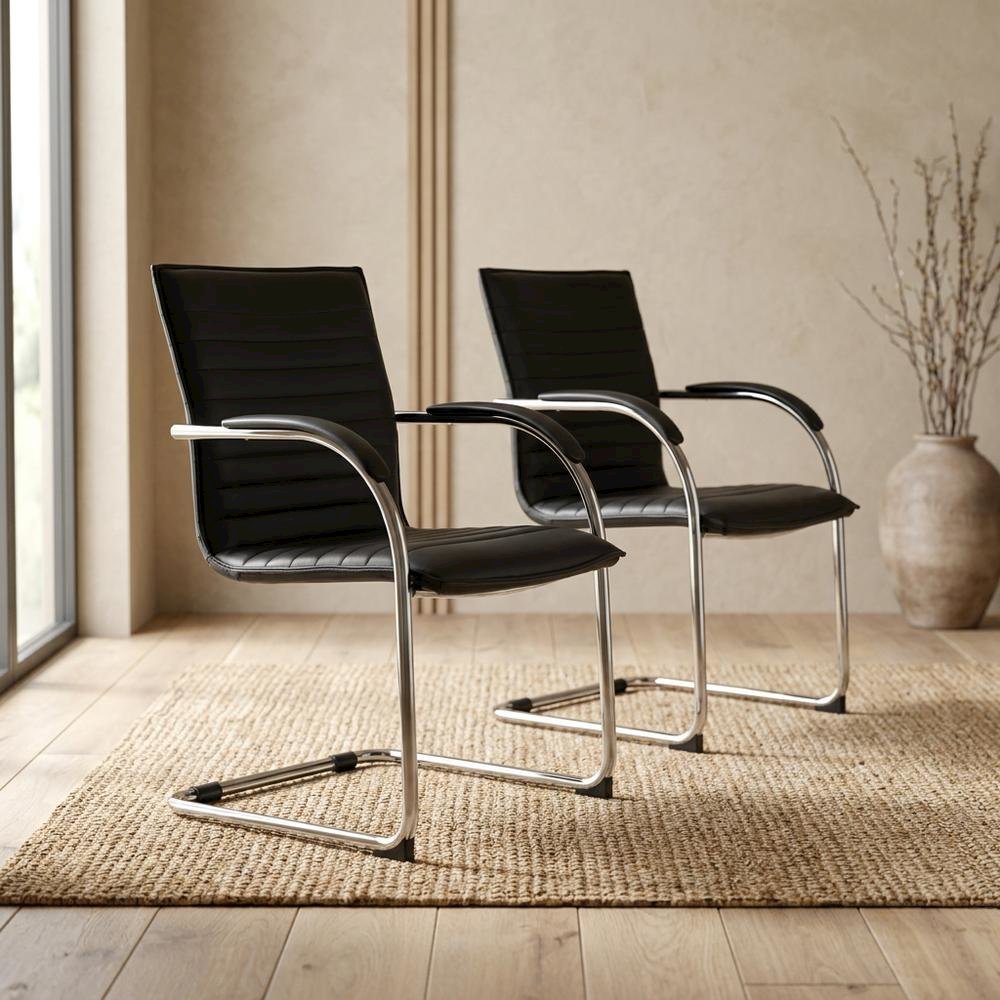 Vinyl-Upholstered Mid-Back Office Guest Chair with Chrome Cantilever Base, Set of 2
