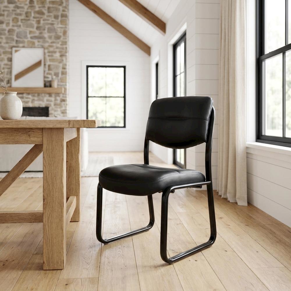 LeatherPlus Armless Side Chair with Sled Base, Desk Chair No Wheels, Black