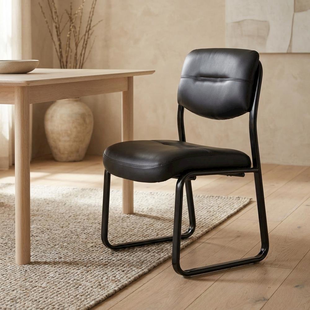 LeatherPlus Armless Side Chair with Sled Base, Desk Chair No Wheels, Black