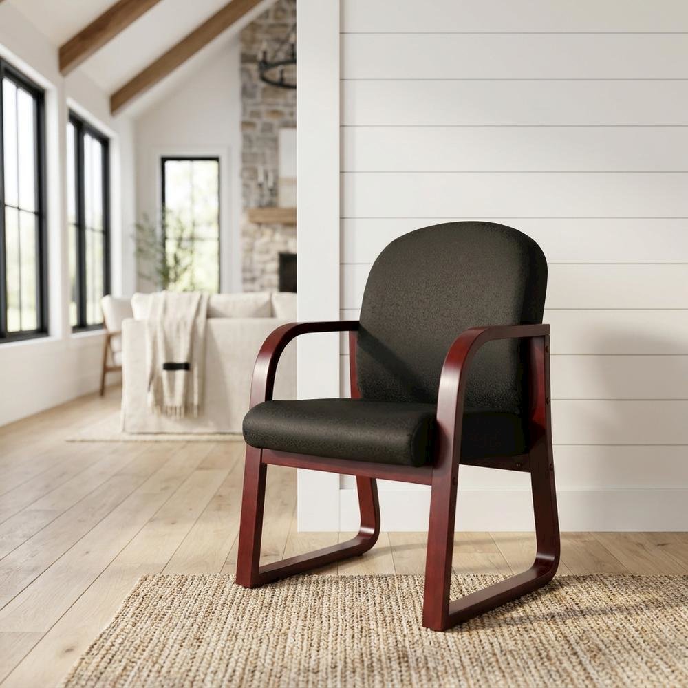 Fabric-Upholstered Desk Chair No Wheels with Mahogany Frame for Entryway
