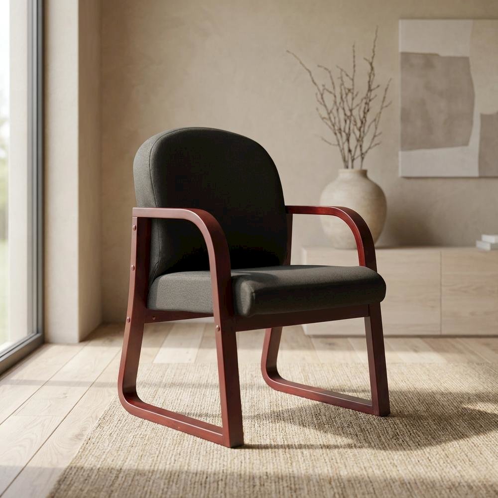Fabric-Upholstered Desk Chair No Wheels with Mahogany Frame for Entryway