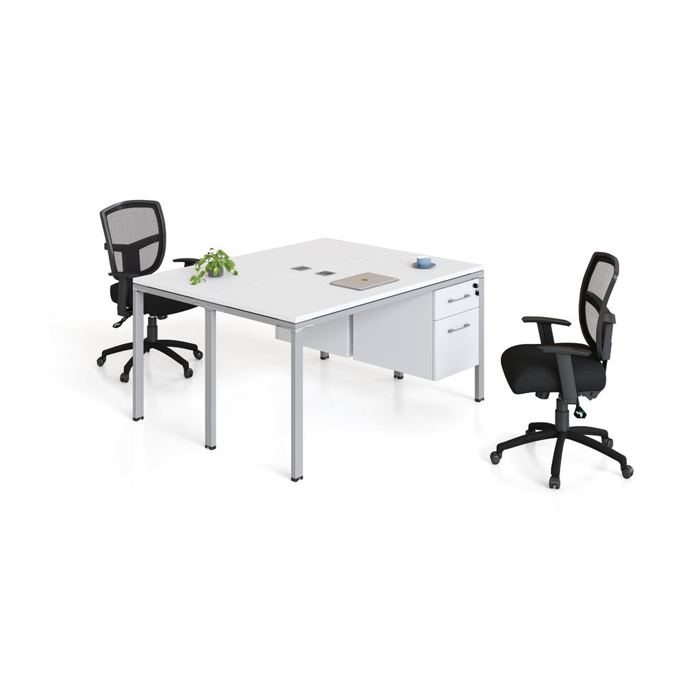 Double Desk, Face To Face With (2) Pedestals, 48" X 24" Desk Top (Ea), White