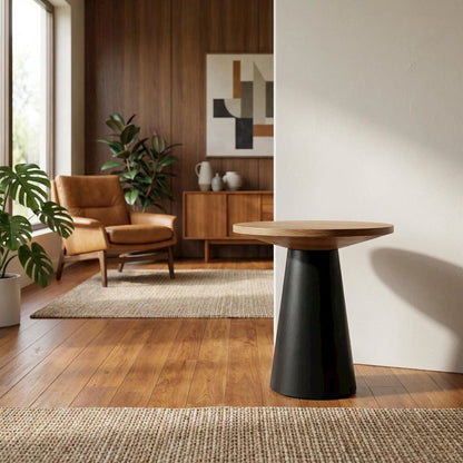 Round Console Table, Natural Wood Grain, Ebony Black