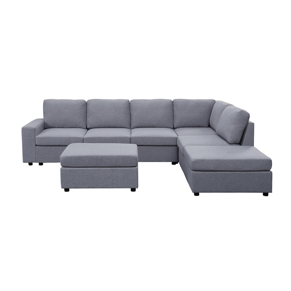 Cassia Light Gray Linen 7 Seat Reversible Modular Sectional Sofa with Ottoman