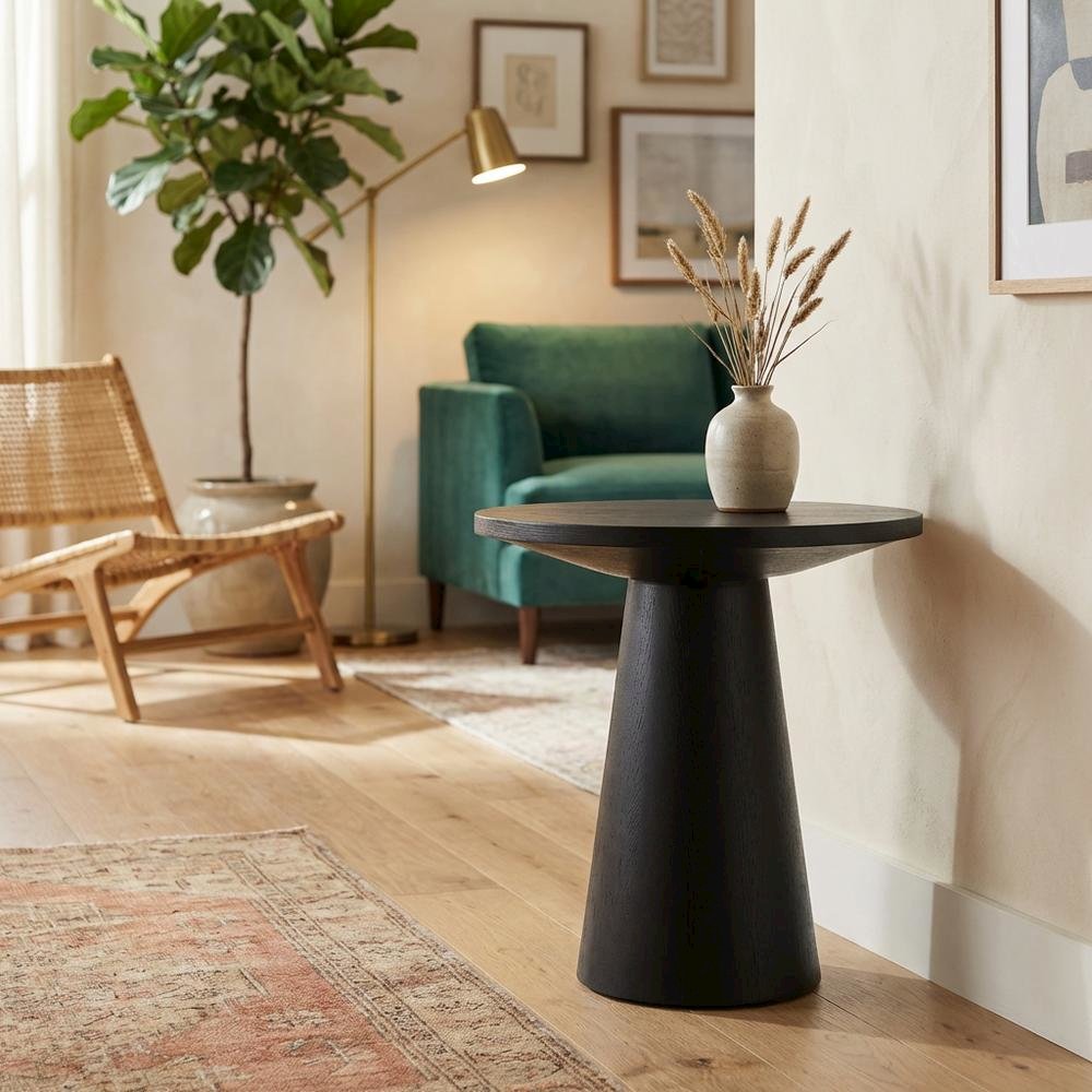 Round Console Table, Natural Wood Grain, Ebony Black