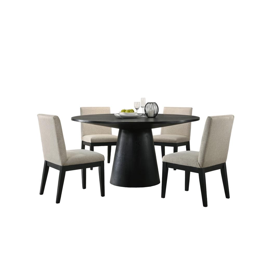 Jasper Ebony Black 5 Piece 59" Wide Contemporary Round Dining Table Set with Beige Fabric Chairs