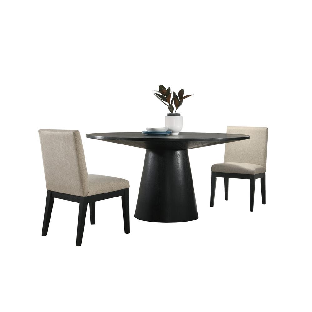 Jasper Ebony Black 3 Piece 59" Wide Contemporary Round Dining Table Set with Beige Fabric Chairs