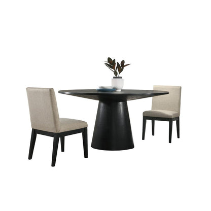 Jasper Ebony Black 3 Piece 59" Wide Contemporary Round Dining Table Set with Beige Fabric Chairs