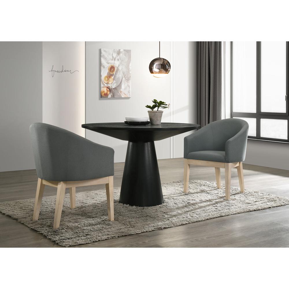 Jasper Ebony Black 3 Piece 47" Round Dining Table Set with Gray Barrel Chairs