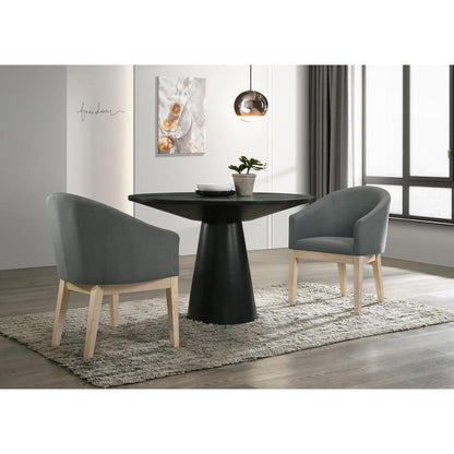 Jasper Ebony Black 3 Piece 47" Round Dining Table Set with Gray Barrel Chairs