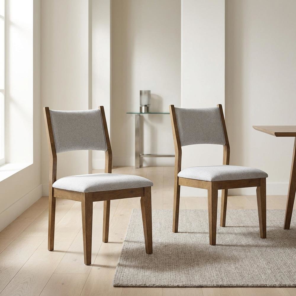 Set of 2 Walnut Oak Dining Chairs with Gray Fabric, Contemporary Style