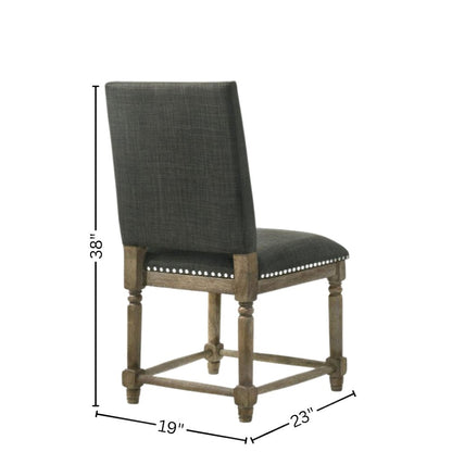 Set of 2 Dining Chairs, Gray Fabric, Nailhead Trim, Solid Wood Legs