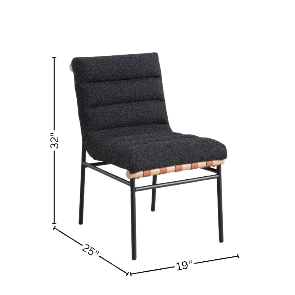 Set of 2 Dining Chairs, Black Boucle, Cognac PU, Black Iron Legs