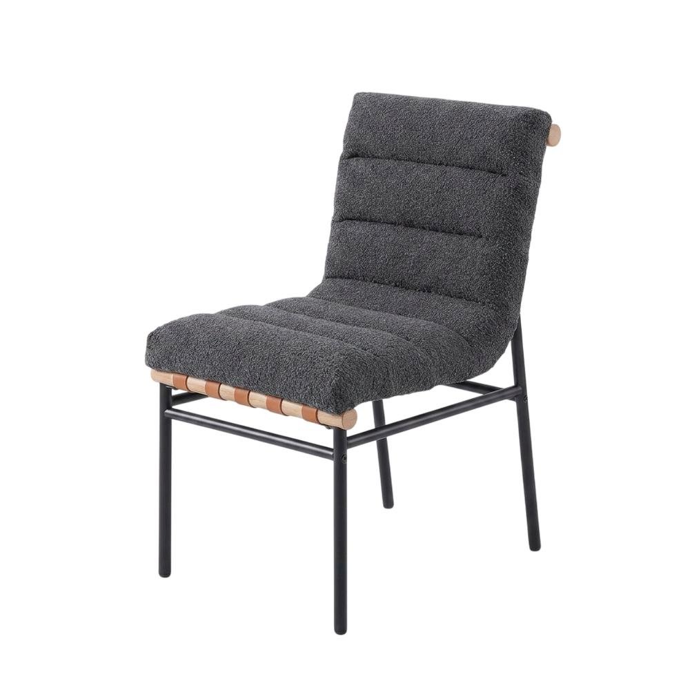 Dark Gray Boucle Fabric Dining Chairs Set of 2 with Black Iron Legs