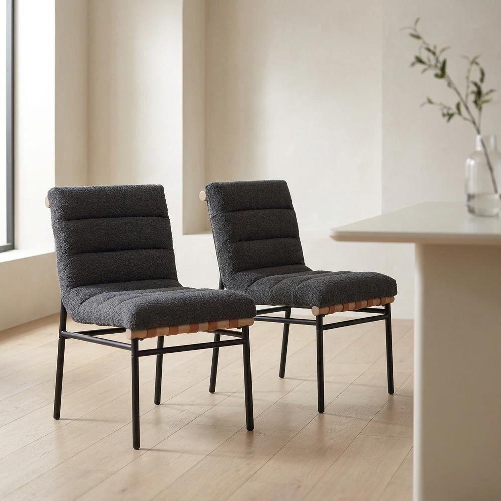 Dark Gray Boucle Fabric Dining Chairs Set of 2 with Black Iron Legs