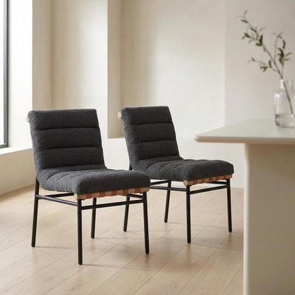 Dark Gray Boucle Fabric Dining Chairs Set of 2 with Black Iron Legs