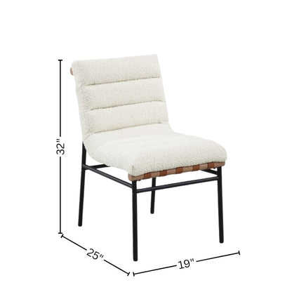 Set of 2 Dining Chairs, White Boucle, Cognac PU, Black Iron Legs