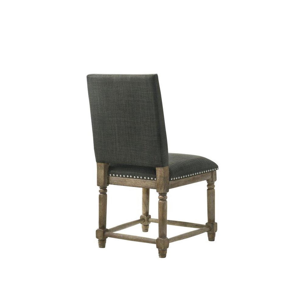 Set of 2 Dining Chairs, Gray Fabric, Nailhead Trim, Solid Wood Legs