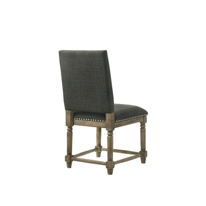 Set of 2 Dining Chairs, Gray Fabric, Nailhead Trim, Solid Wood Legs