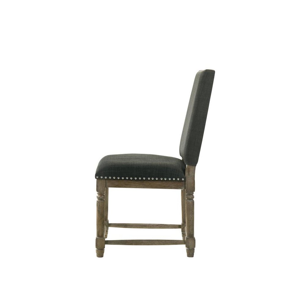 Set of 2 Dining Chairs, Gray Fabric, Nailhead Trim, Solid Wood Legs