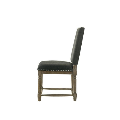 Set of 2 Dining Chairs, Gray Fabric, Nailhead Trim, Solid Wood Legs