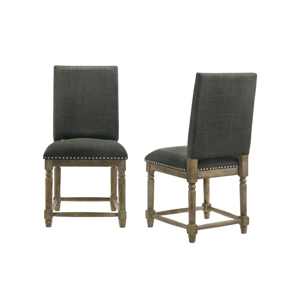 Set of 2 Dining Chairs, Gray Fabric, Nailhead Trim, Solid Wood Legs
