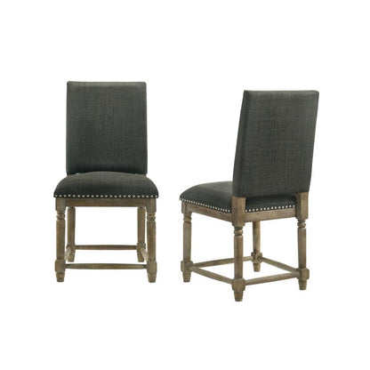 Set of 2 Dining Chairs, Gray Fabric, Nailhead Trim, Solid Wood Legs